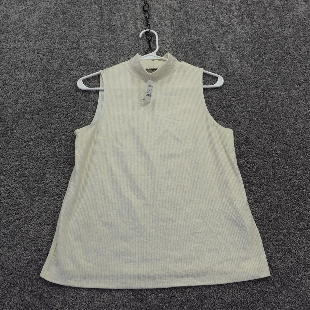 Express Top Womens Small Cream Gold Foil Ribbed Mock Neck Sleeveless NWT